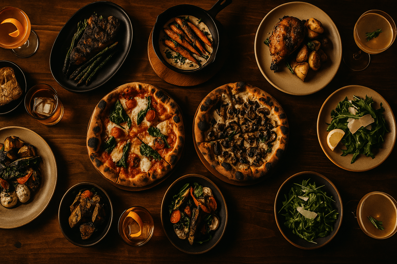 Rustic wood-fired dishes and drinks on a table
