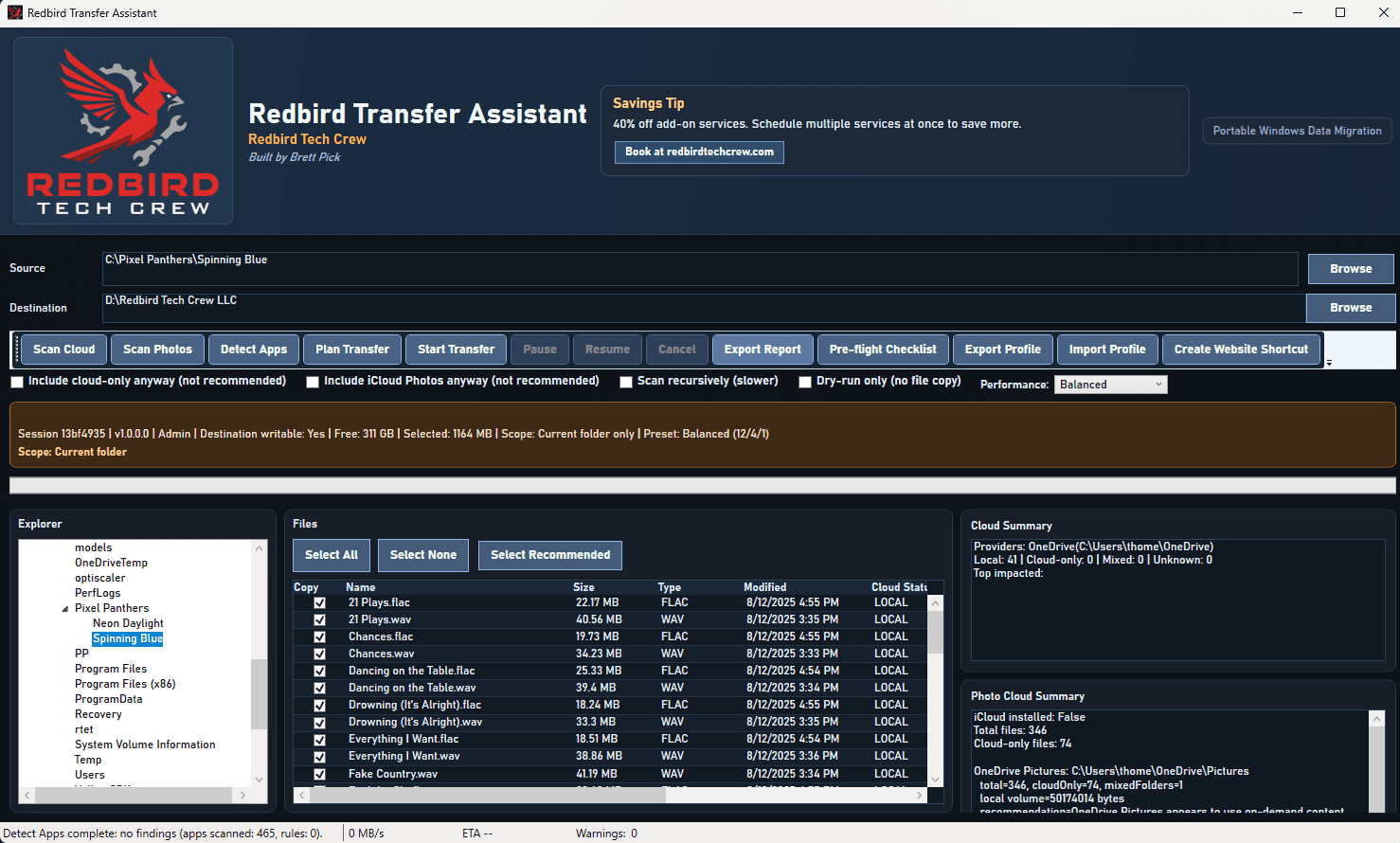 Redbird Transfer Assistant interface screenshot